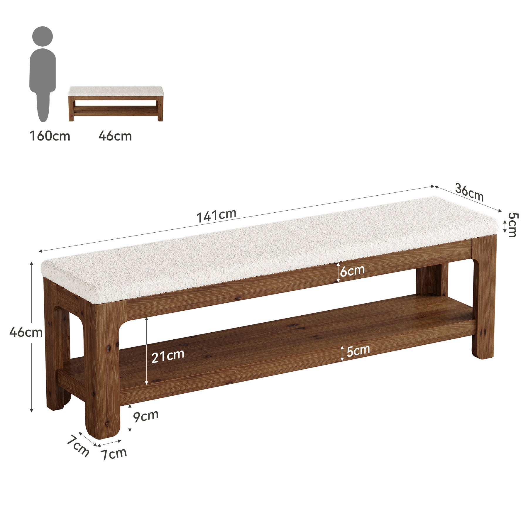 Tribesigns Banc capitonné 140 cm en bois massif, Banc d'entrée avec étagère de rangement et assise en polaire douce