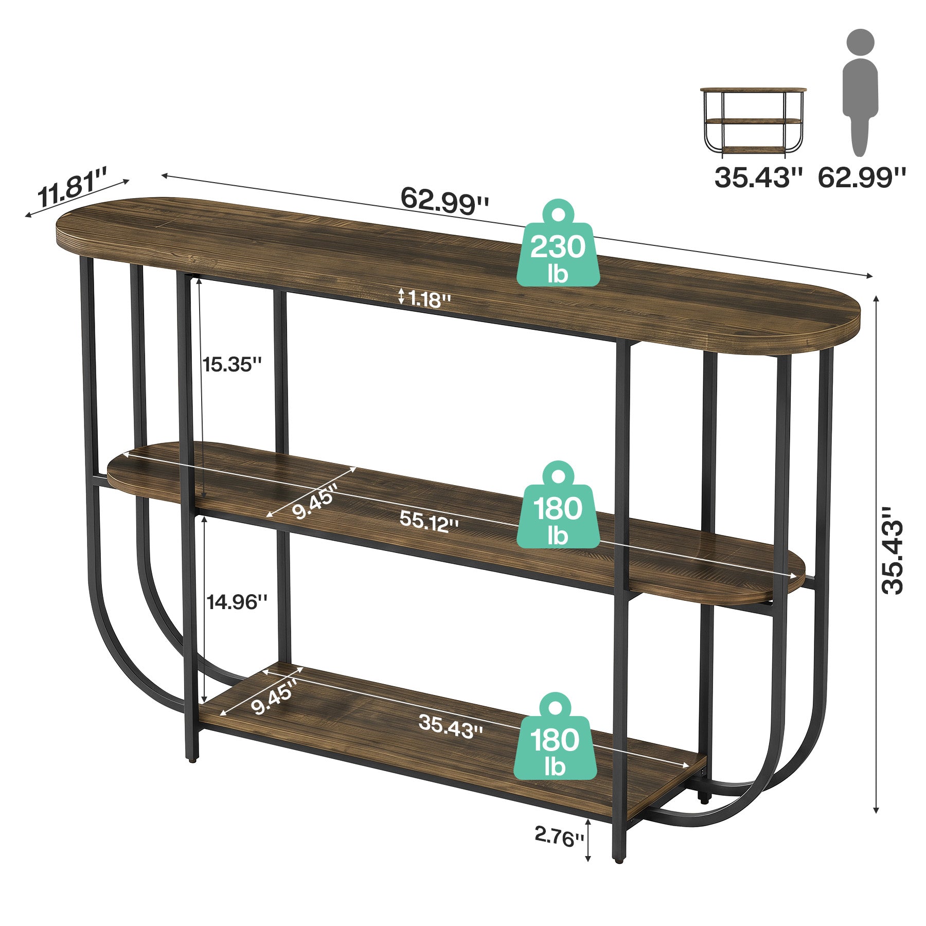 Tribesigns Console 160 cm, Table d'entrée étroite à 3 niveaux et structure en métal