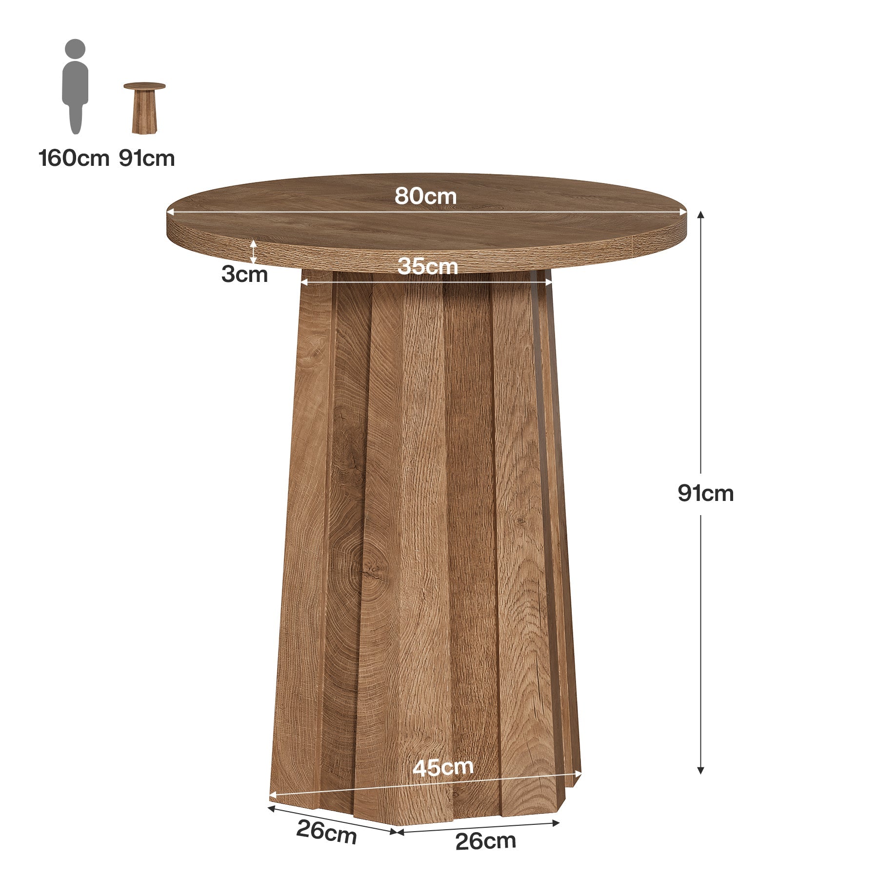 Table de bar ronde de 80 cm avec pied central rainuré, Table de bistrot moderne à hauteur de comptoir