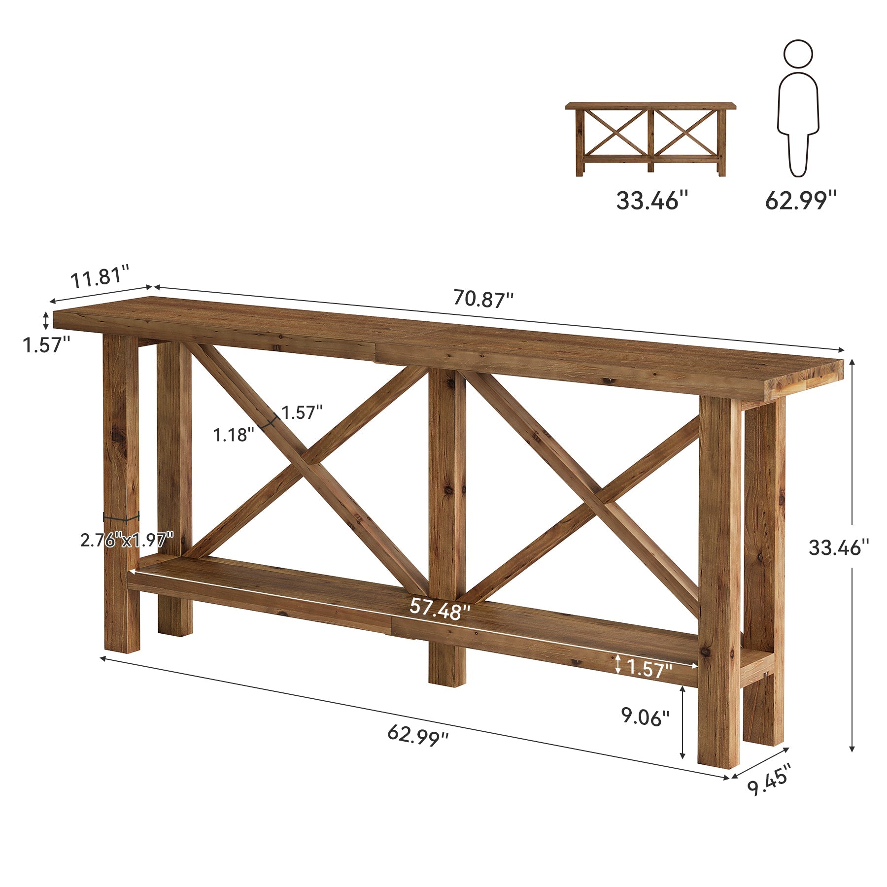 Console étroite de 180 cm, Table d'entrée à 2 niveaux en bois massif