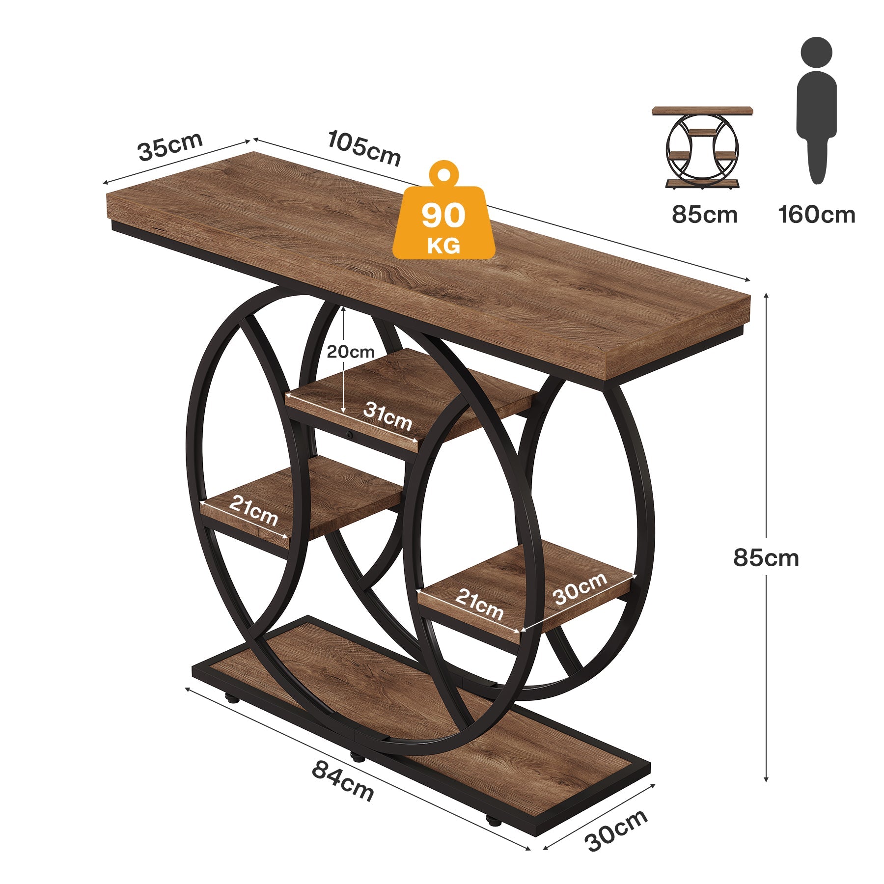 Tribesigns Console de 105 cm, Table d'appoint à 4 niveaux avec cadre rond