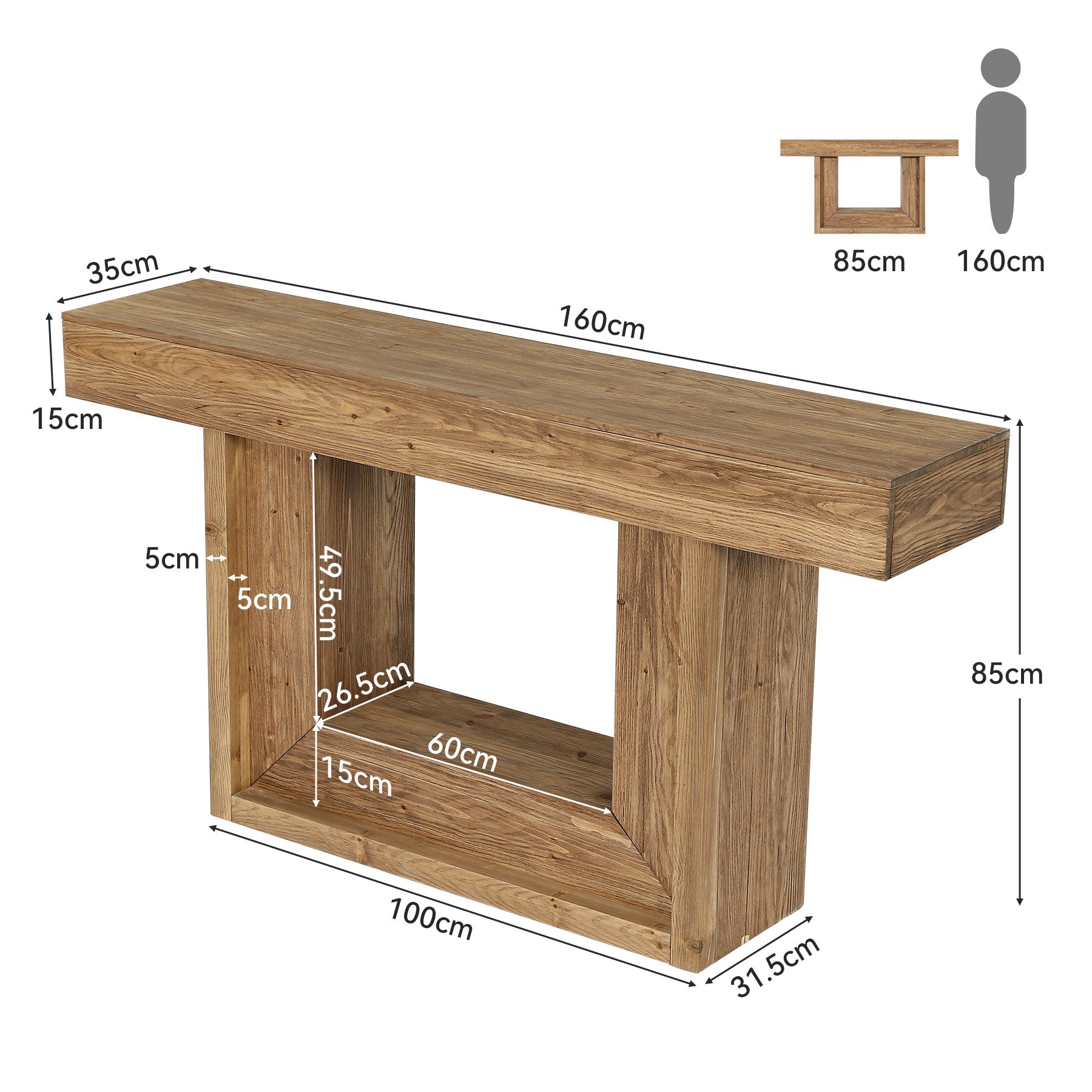 TribesignsConsole étroite en bois massif de 160 cm, Style campagne avec piètement en U et étagère