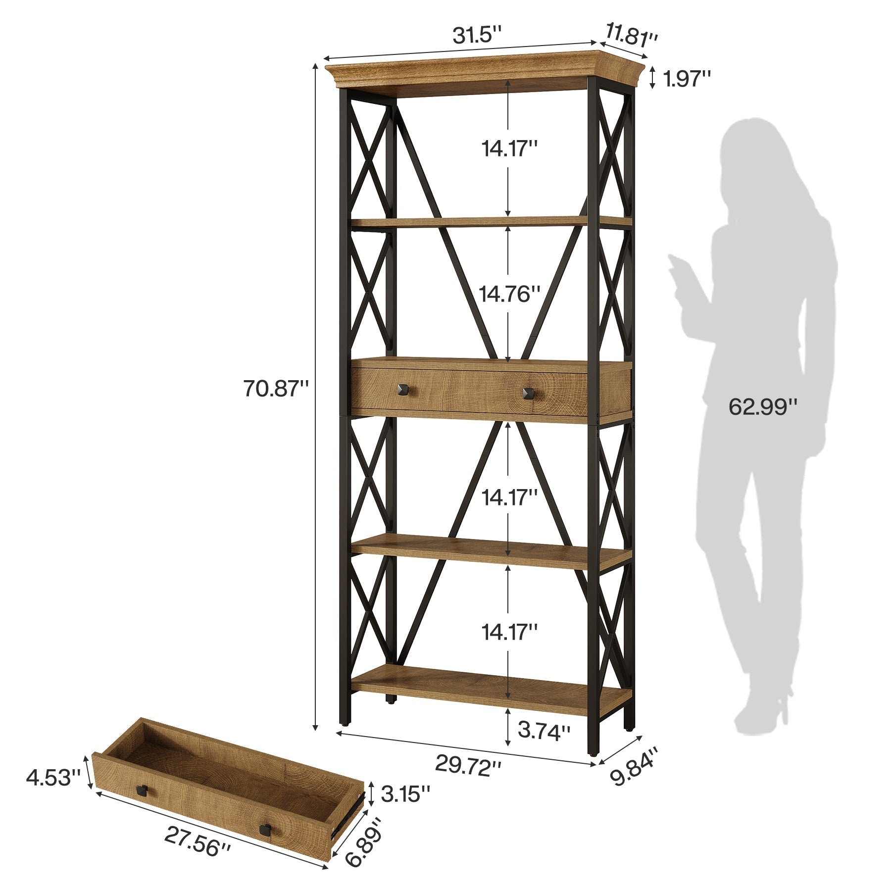 Tribesigns Bibliothèque de 180 cm avec tiroir, Style industriel avec étagères ouvertes et structure en X stable