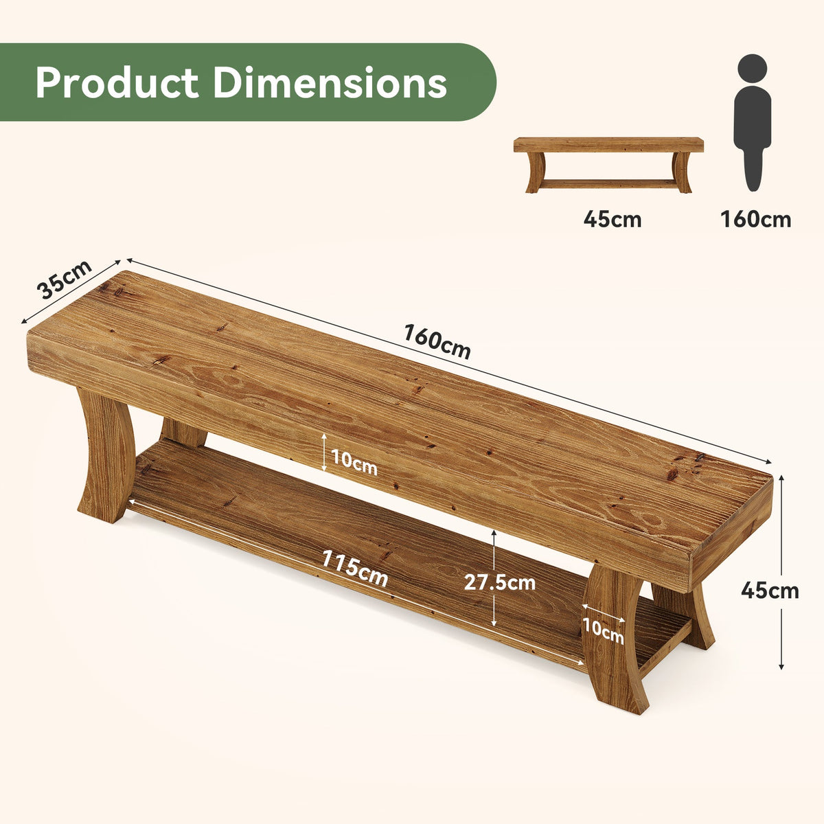 Tribesigns Banc à chaussures de 160 cm en bois massif, Banc d'entrée avec étagère, style maison de campagne
