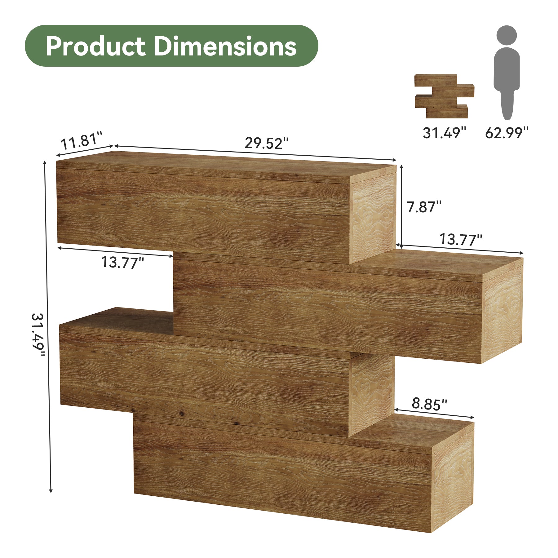 Console en bois massif de 110 cm avec 4 étagères, Table d'entrée étroite de style champêtre