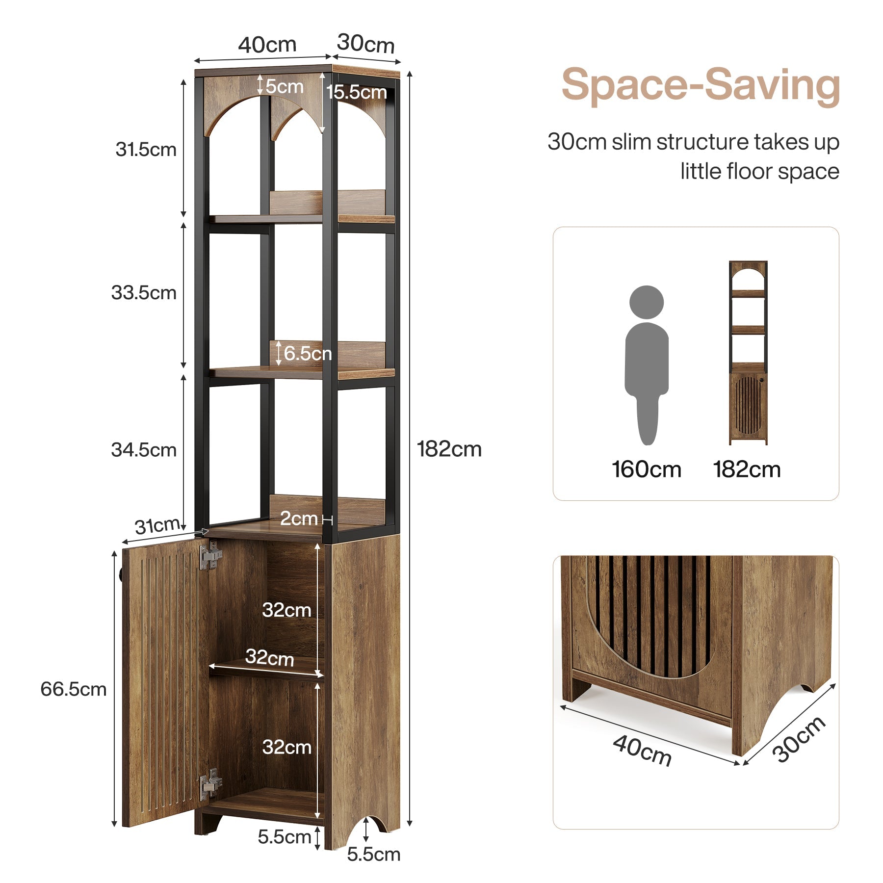 Tribesigns Bibliothèque à 6 niveaux 180 cm de hauteur, Bibliothèque étroite avec porte persienne