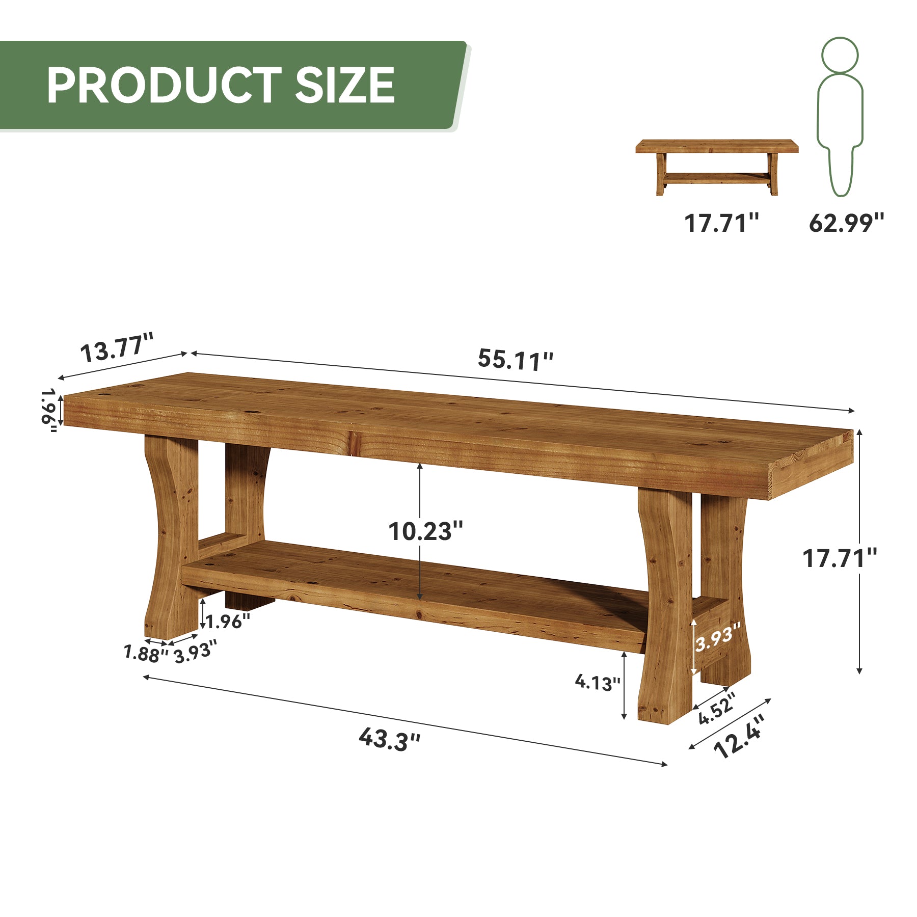 Banc en bois massif de 140 cm, Long banc en bois de style campagnard avec rangement