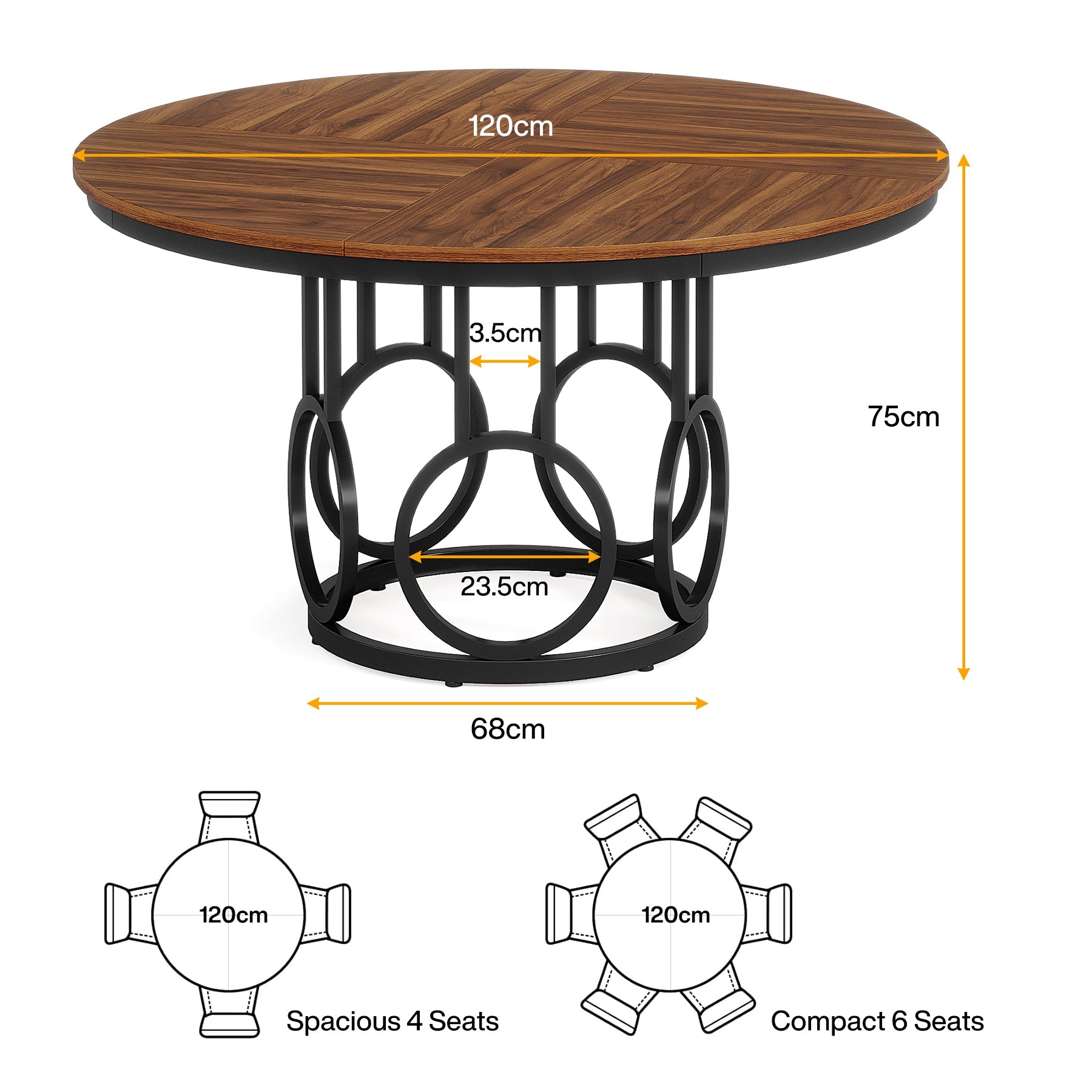 Tribesigns Table à manger rustique avec pieds en métal et table de cuisine ronde