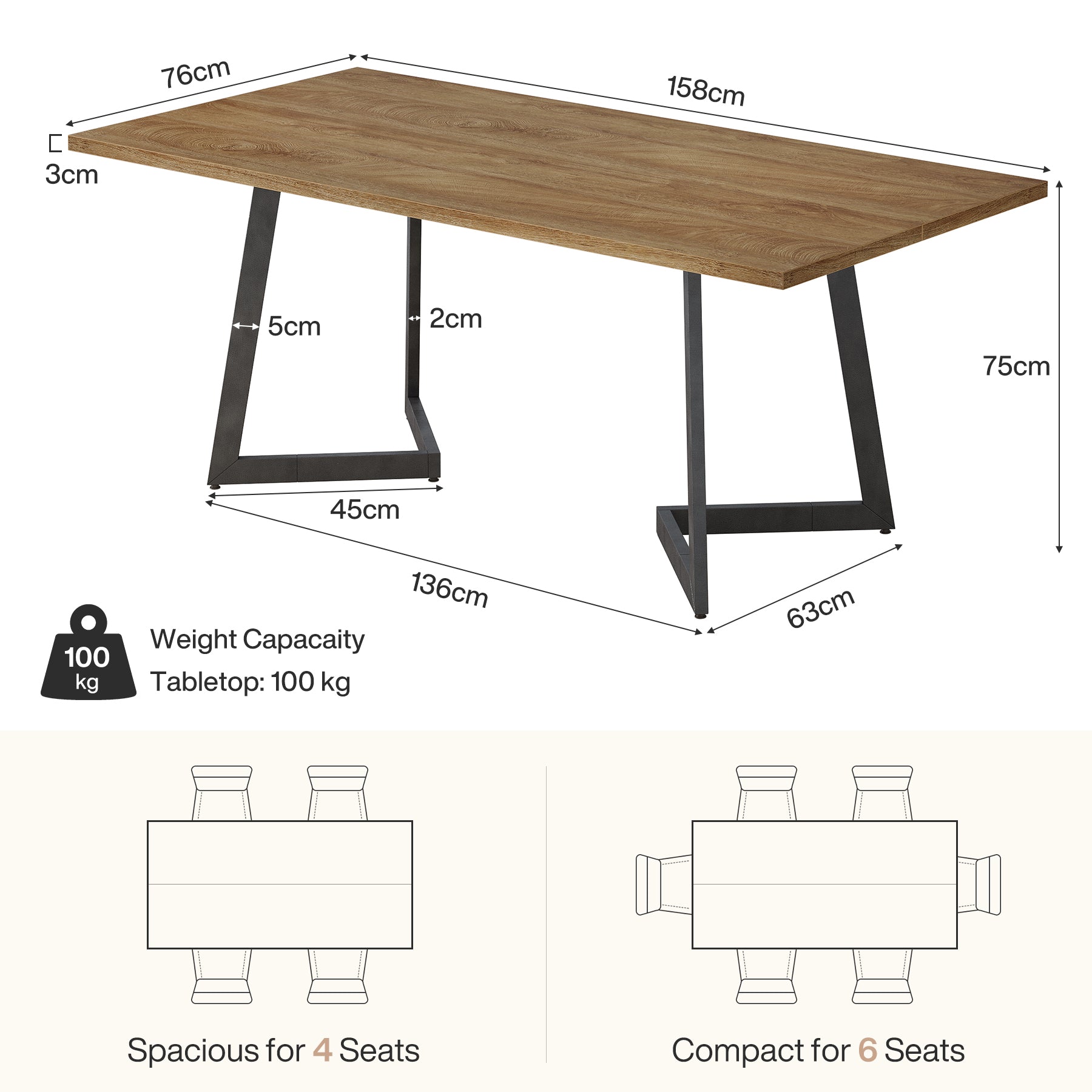 Tribesigns Table de salle à manger moderne 160 cm, Table de cuisine rectangulaire avec structure en métal