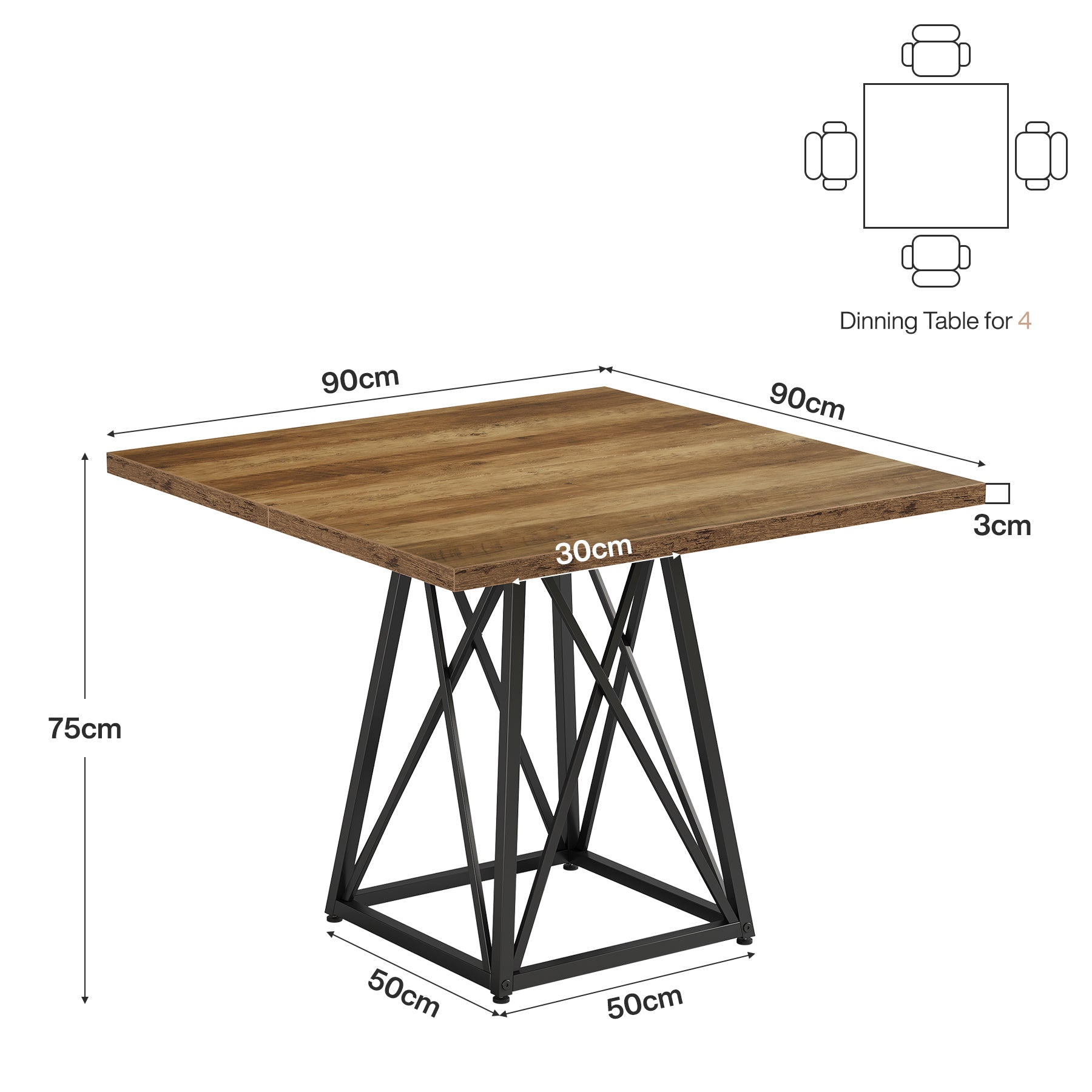 Tribesigns Table à manger de 90 cm pour 4 personnes, Table de campagne carrée avec structure en métal marron-noir