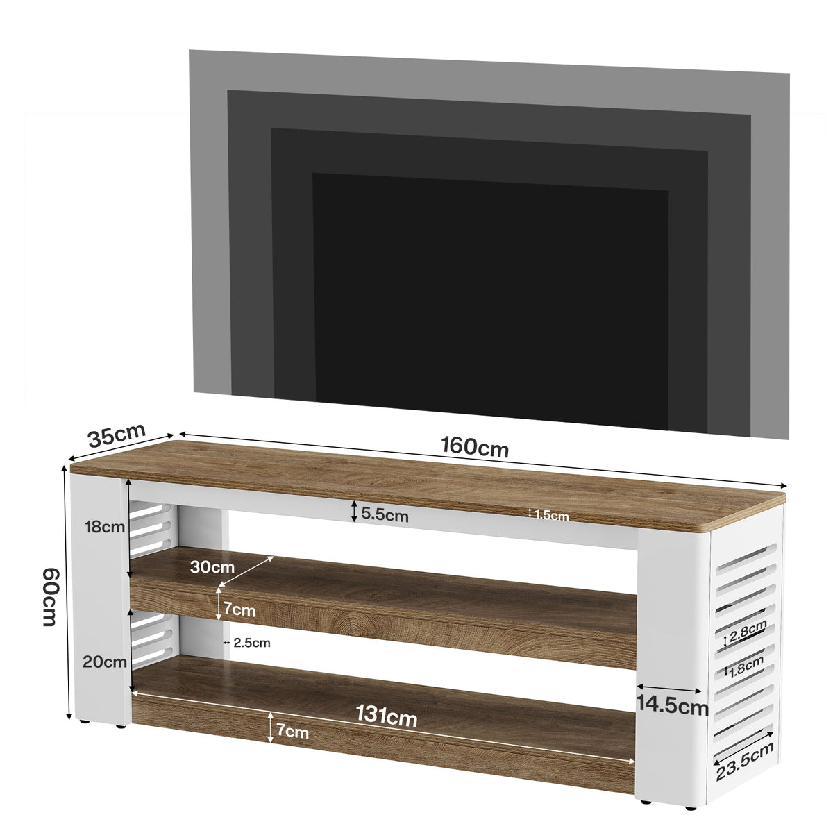 Meuble TV bas de 160 cm pour téléviseurs jusqu'à 75 pouces, Meuble TV à 3 niveaux avec espace de rangement et côtés à lamelles