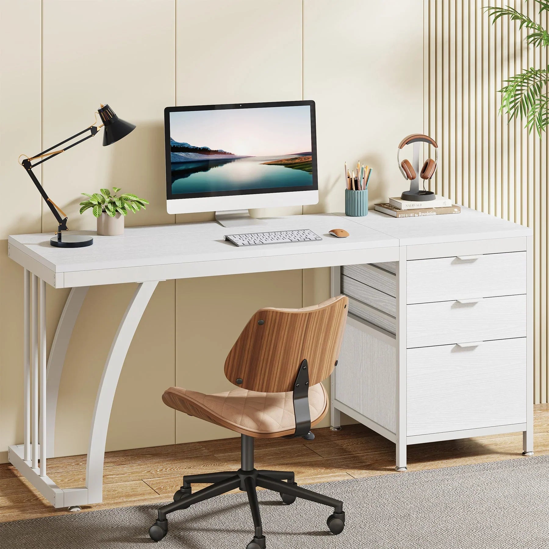 Tribesigns Bureau informatique industriel, Bureau 150 cm avec armoire à tiroirs réversible