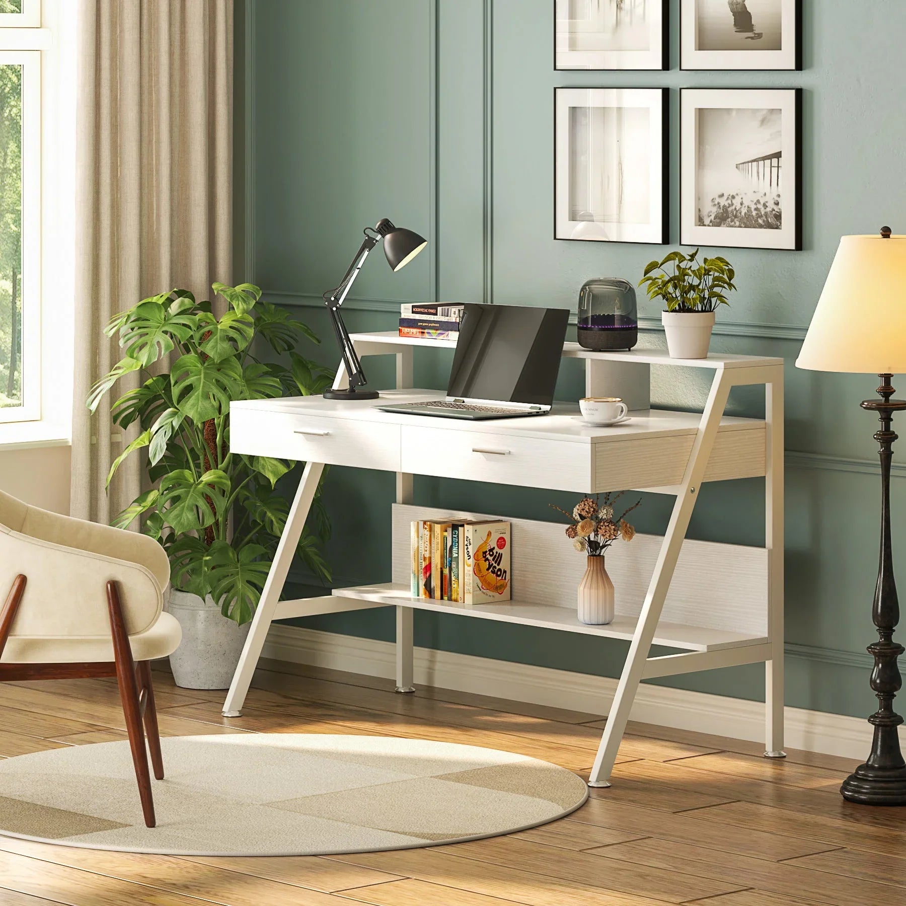Tribesigns Bureau d'ordinateur blanc, bureau de 120 cm avec rangement et tiroirs